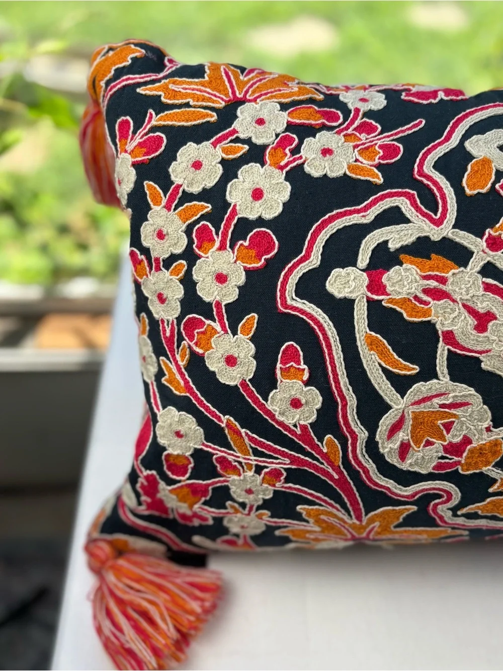 Envogue Navy Blue Orange & Cream Embroidered Accent Pillow Down Fill Tassels